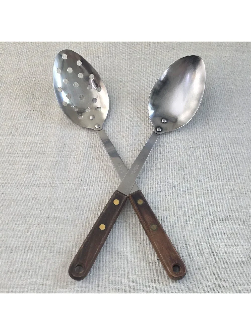Vintage Robinson Stainless Steel Serving Spoon Slotted Spoon Wood Handle Set